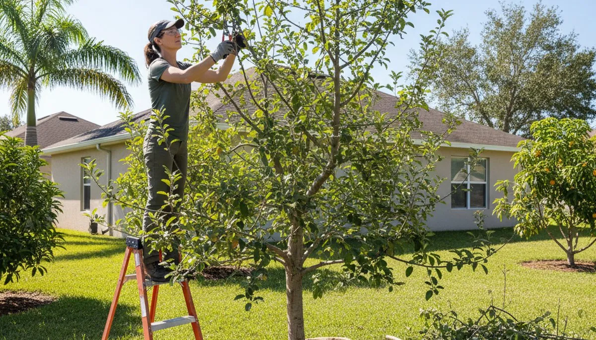 Arborist pruning fruit tree in Kissimmee FL backyard orchard to boost fruiting and tree health