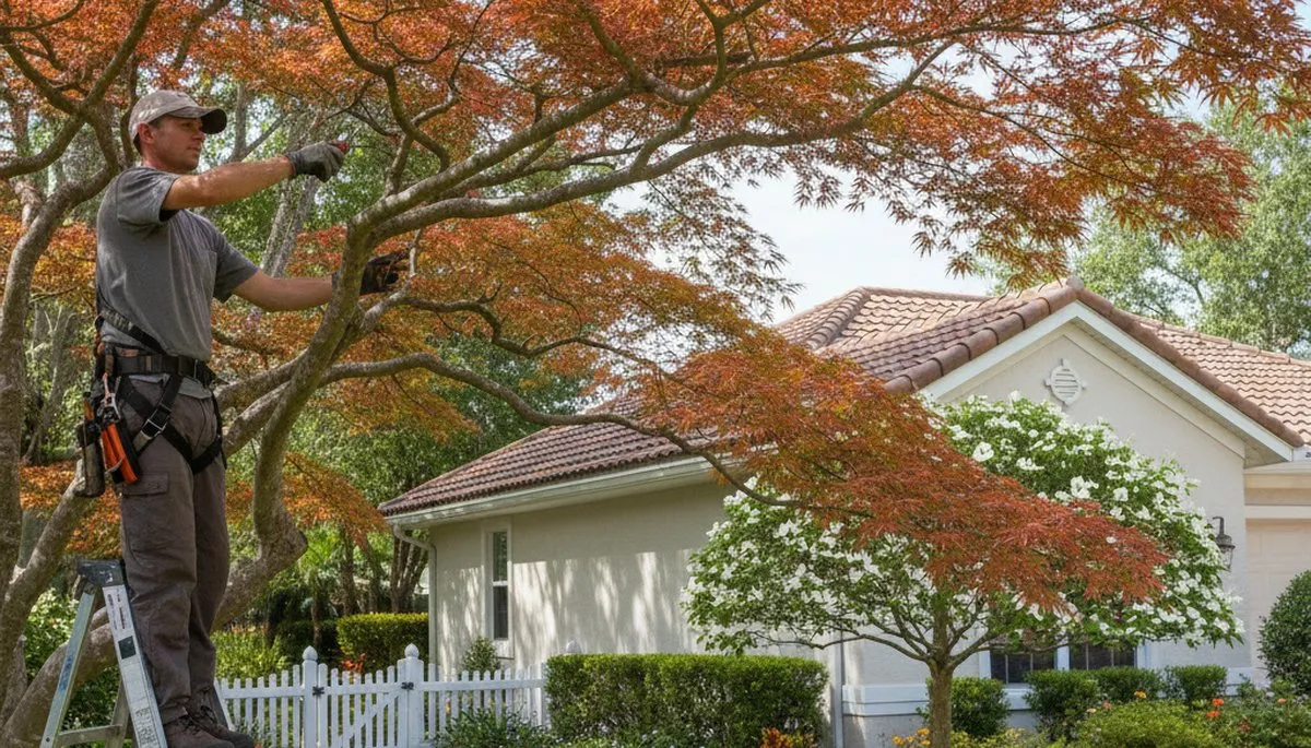 Arborist hand pruning ornamental Japanese maple for residential landscape in Kissimmee, FL
