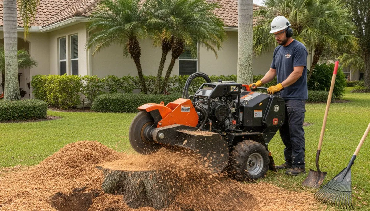 Professional stump grinding service removing tree stumps in Windermere near Kissimmee, FL yard