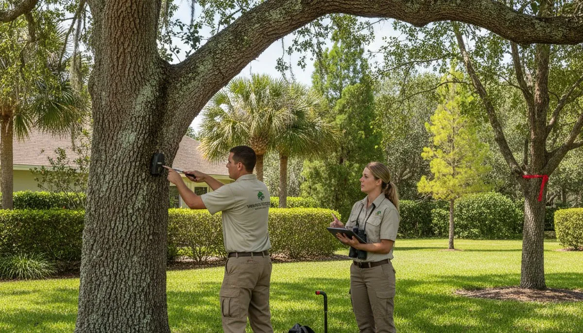 Certified arborist performing tree health assessment for Windermere homeowners near Kissimmee, FL