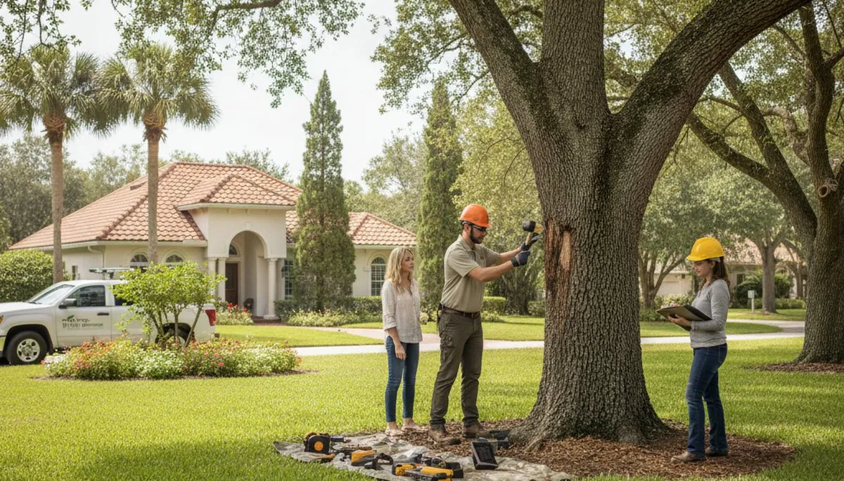 Certified arborist performing tree health assessment for homeowners in Winter Park, FL