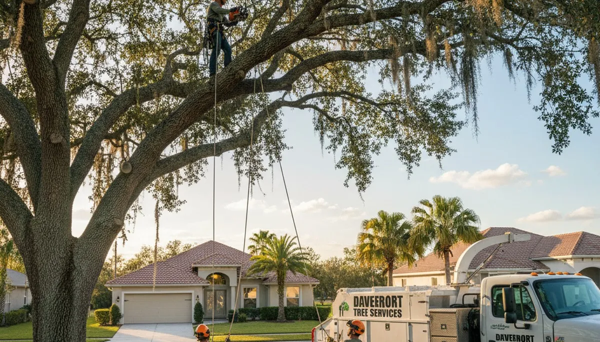 Professional tree removal service in Kissimmee FL safely cutting and clearing large oak tree