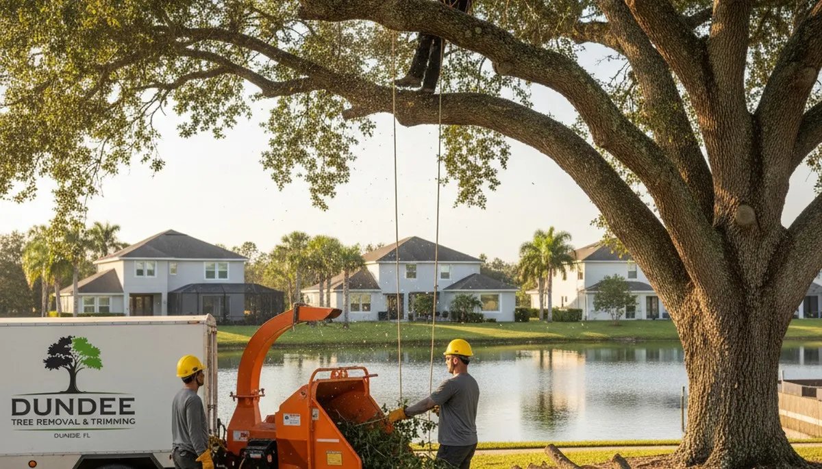 Professional tree removal service in Kissimmee FL safely cutting and clearing large oak tree